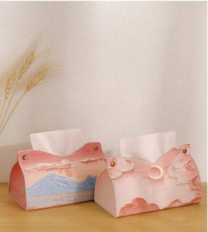 Aesthetic Leather Pink Tissue Case Large Storage Oil Painting Paper Towel Box Creative Durable Napkin Holder Home